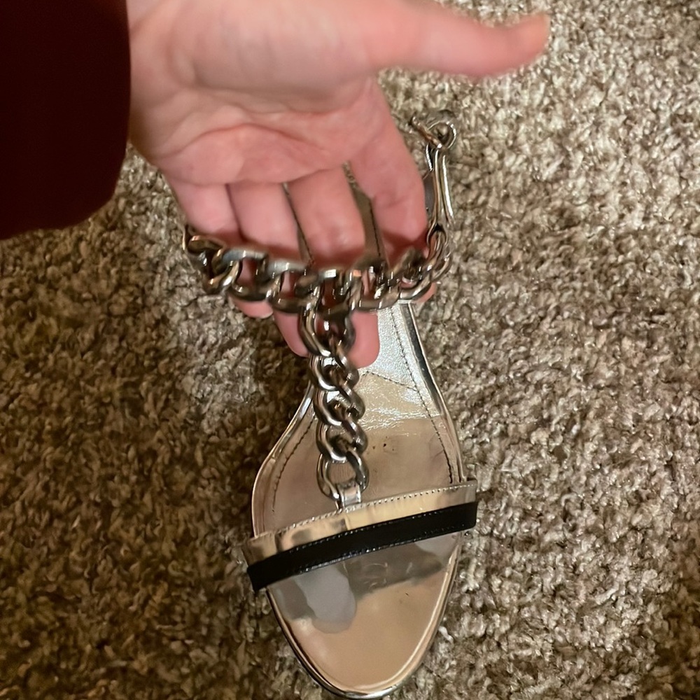 Prada Chain Strappy Silver Sandal with kitten heel